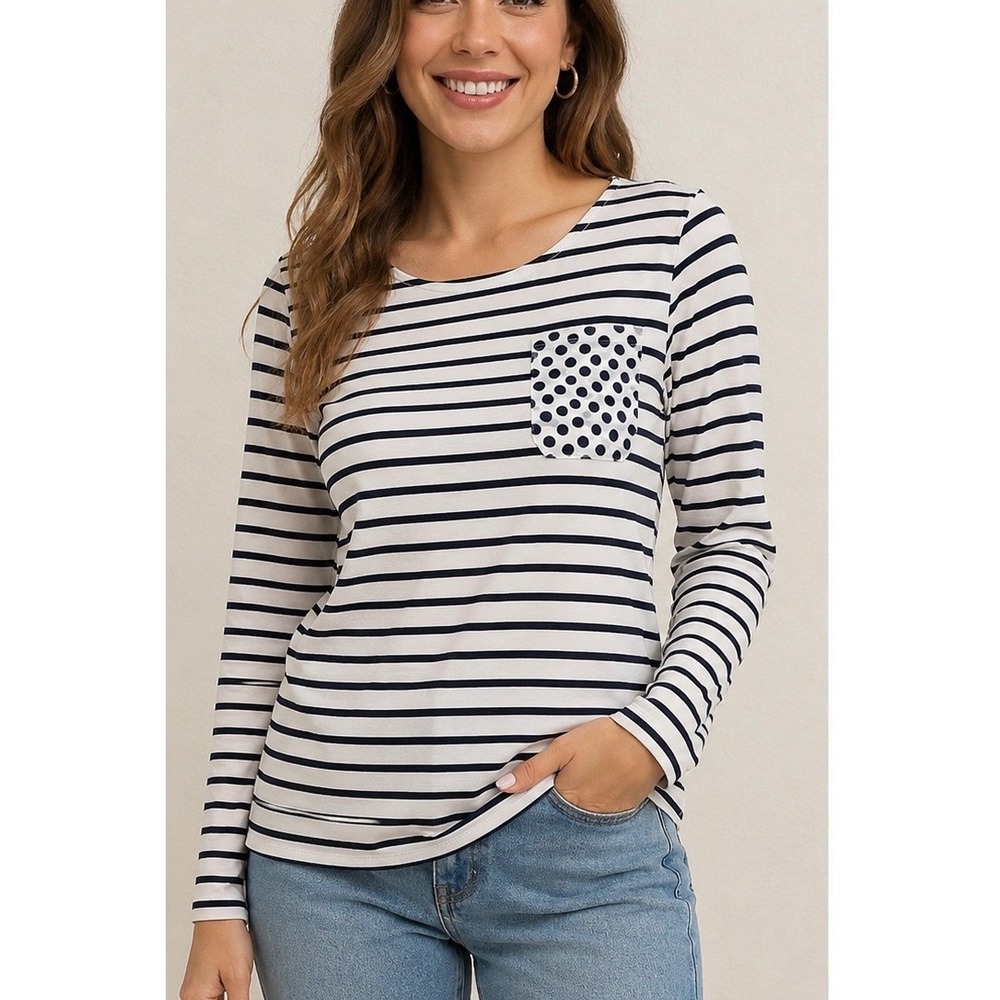 Boden Striped Polka Dot Long Sleeve Top Navy White Mixed Print US 10